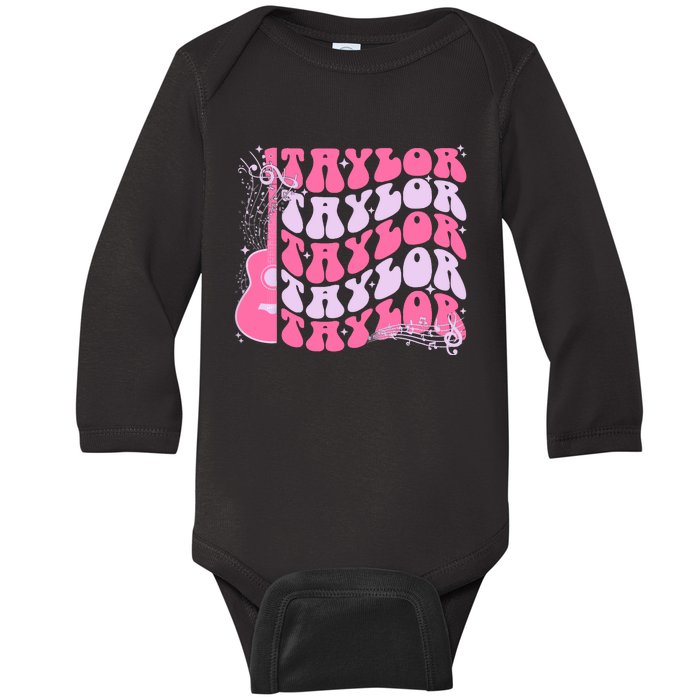 Girl Retro Taylor First Name Personalized Groovy Birthday Baby Long Sleeve Bodysuit