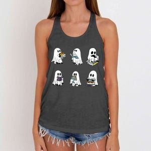 Ghost Reading Teacher Halloween Librarian Bookworm Women's Knotted Racerback Tank