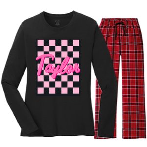 Girl Retro Taylor First Name Taylor Groovy Birthday Taylor Women's Long Sleeve Flannel Pajama Set 