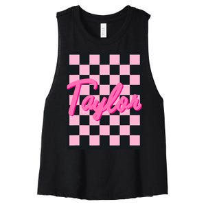 Girl Retro Taylor First Name Taylor Groovy Birthday Taylor Women's Racerback Cropped Tank