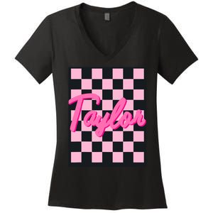 Girl Retro Taylor First Name Taylor Groovy Birthday Taylor Women's V-Neck T-Shirt