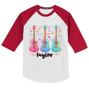 Girl Retro Taylor First Name Personalized Groovy 80S Pink Kids Colorblock Raglan Jersey