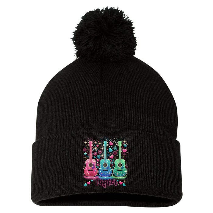 Girl Retro Taylor First Name Personalized Groovy 80'S P.i.n.k. Pom Pom 12in Knit Beanie