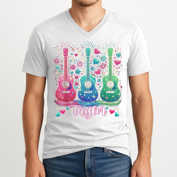 Girl Retro Taylor First Name Personalized Groovy 80'S P.i.n.k. V-Neck T-Shirt