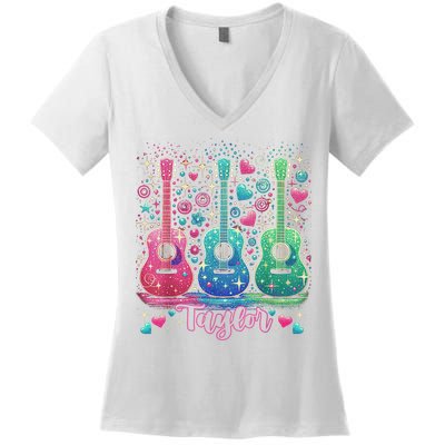 Girl Retro Taylor First Name Personalized Groovy 80'S P.i.n.k. Women's V-Neck T-Shirt