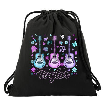 Girl Retro Taylor First Name Personalized Groovy 80'S P.i.n.k. Drawstring Bag