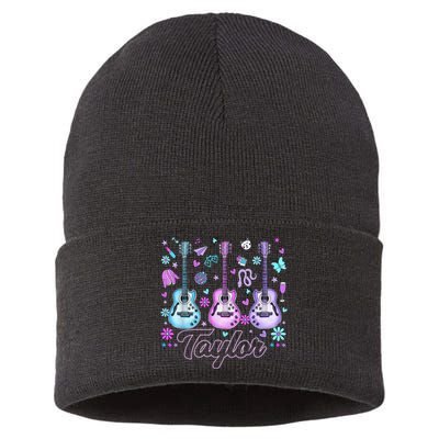 Girl Retro Taylor First Name Personalized Groovy 80'S P.i.n.k. Sustainable Knit Beanie