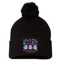 Girl Retro Taylor First Name Personalized Groovy 80'S P.i.n.k. Pom Pom 12in Knit Beanie