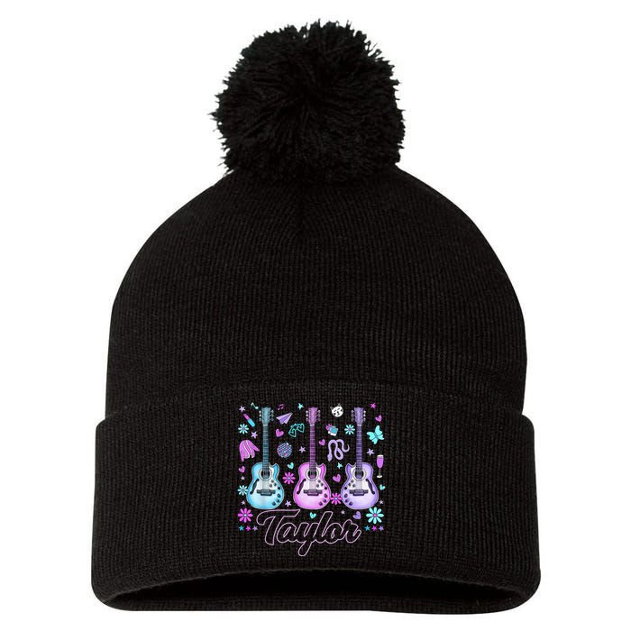 Girl Retro Taylor First Name Personalized Groovy 80'S P.i.n.k. Pom Pom 12in Knit Beanie