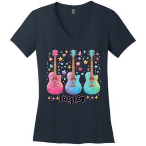 Girl Retro Taylor First Name Personalized Groovy 80S Pink Women's V-Neck T-Shirt