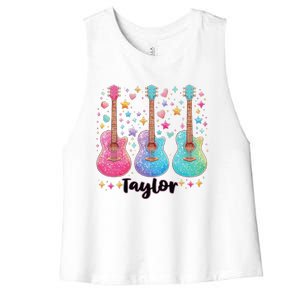 Girl Retro Taylor First Name Personalized Groovy 80S Pink Women's Racerback Cropped Tank