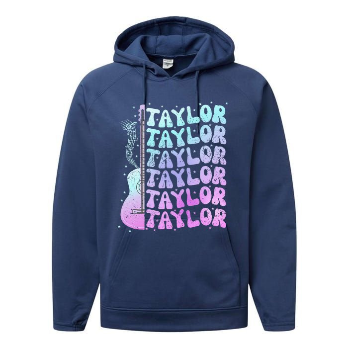 Girl Retro Taylor First Name Personalized Groovy 80S Pink Performance Fleece Hoodie