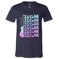 Girl Retro Taylor First Name Personalized Groovy 80S Pink V-Neck T-Shirt