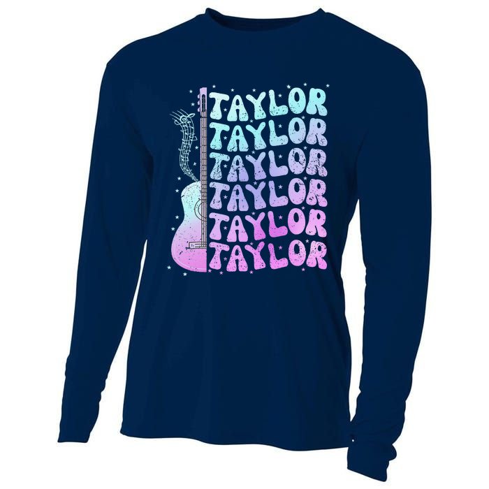 Girl Retro Taylor First Name Personalized Groovy 80S Pink Cooling Performance Long Sleeve Crew