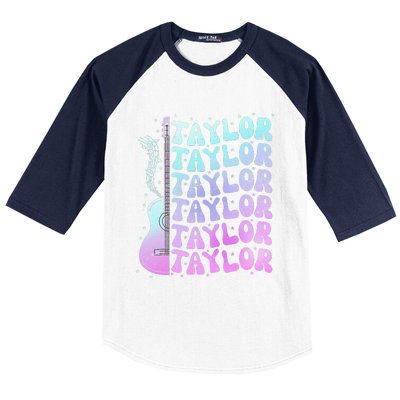 Girl Retro Taylor First Name Personalized Groovy 80S Pink Baseball Sleeve Shirt