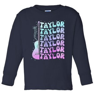 Girl Retro Taylor First Name Personalized Groovy 80S Pink Toddler Long Sleeve Shirt