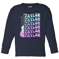 Girl Retro Taylor First Name Personalized Groovy 80S Pink Toddler Long Sleeve Shirt