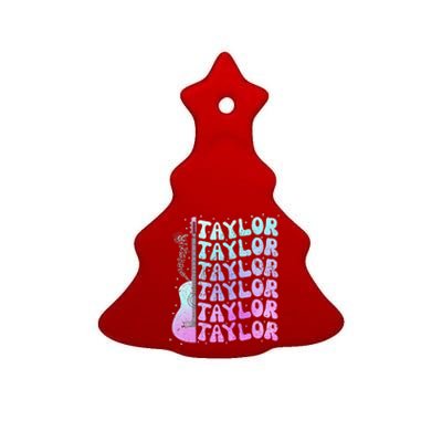 Girl Retro Taylor First Name Personalized Groovy 80S Pink Ceramic Tree Ornament