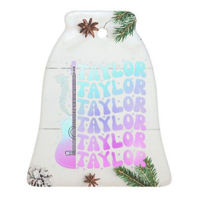 Girl Retro Taylor First Name Personalized Groovy 80S Pink Ceramic Bell Ornament