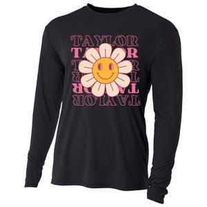 Girl Retro Taylor First Name Personalized Groovy Birthday Cooling Performance Long Sleeve Crew