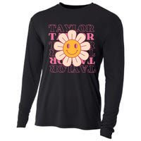 Girl Retro Taylor First Name Personalized Groovy Birthday Cooling Performance Long Sleeve Crew