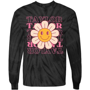 Girl Retro Taylor First Name Personalized Groovy Birthday Tie-Dye Long Sleeve Shirt