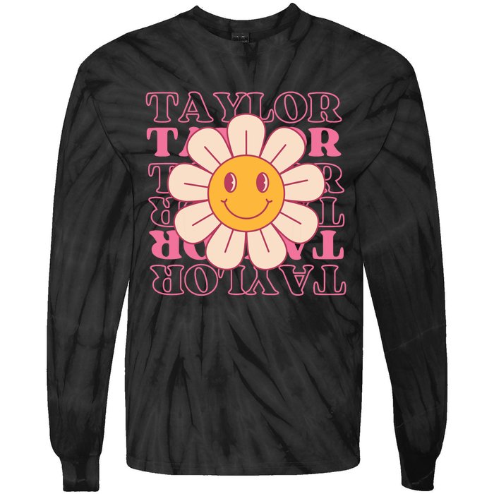 Girl Retro Taylor First Name Personalized Groovy Birthday Tie-Dye Long Sleeve Shirt