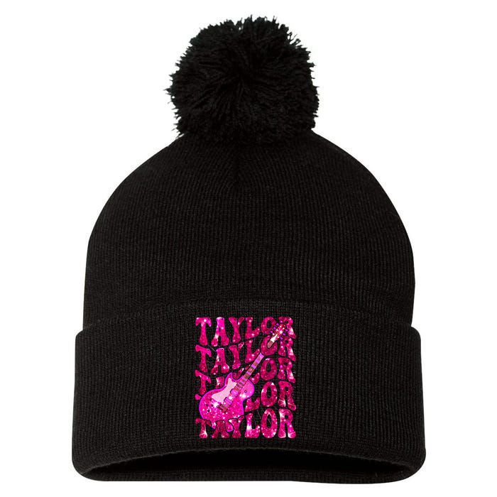 Girl Retro Taylor First Name Personalized Groovy 80S Pom Pom 12in Knit Beanie