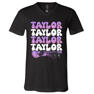 Girl Retro Taylor First Name Personalized Groovy 80S V-Neck T-Shirt