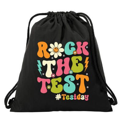Groovy Rock The Test Motivational Retro Teachers Testing Day Drawstring Bag