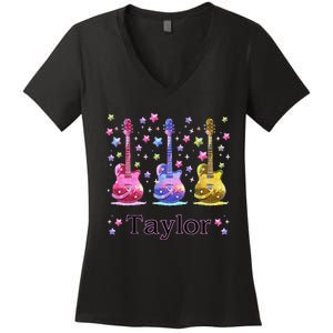 Girl Retro Taylor First Name Personalized Groovy 80S Gift Women's V-Neck T-Shirt