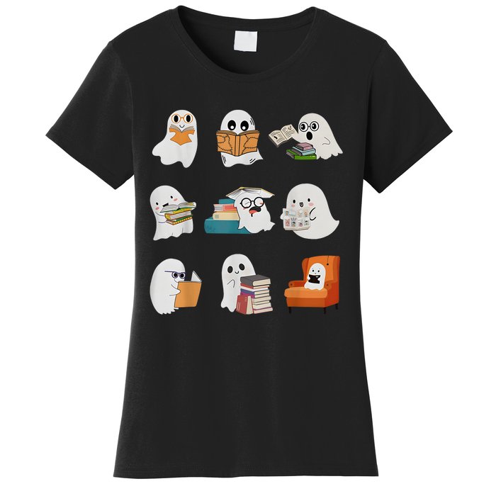 Ghost Reading Teacher Halloween Librarian Book Lover School Women's T-Shirt