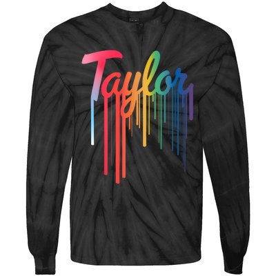 Girl Retro Taylor First Name Personalized Groovy 80S Tie-Dye Long Sleeve Shirt