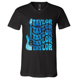 Girl Retro Taylor First Name Personalized Groovy 80S V-Neck T-Shirt