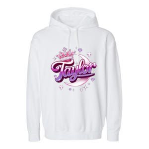 Girl Retro Taylor First Name Personalized Groovy 80S Garment-Dyed Fleece Hoodie