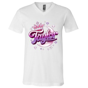 Girl Retro Taylor First Name Personalized Groovy 80S V-Neck T-Shirt