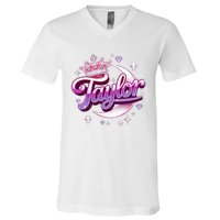 Girl Retro Taylor First Name Personalized Groovy 80S V-Neck T-Shirt