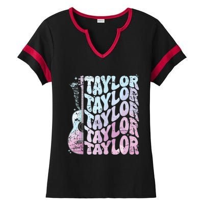 Girl Retro Taylor First Name Personalized Groovy 80s Pink Ladies Halftime Notch Neck Tee