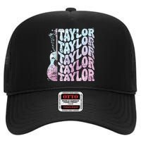 Girl Retro Taylor First Name Personalized Groovy 80s Pink High Crown Mesh Back Trucker Hat