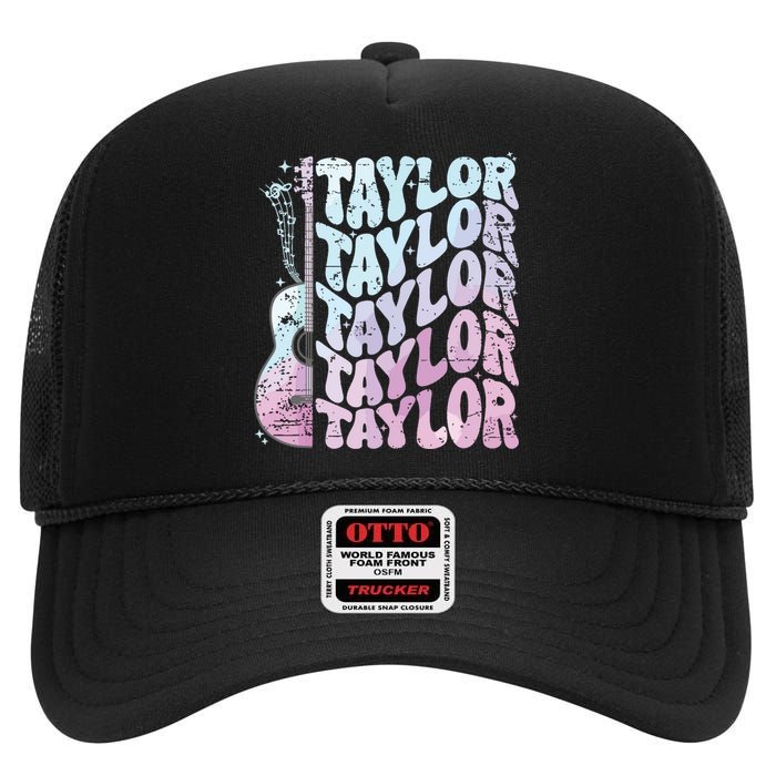 Girl Retro Taylor First Name Personalized Groovy 80s Pink High Crown Mesh Back Trucker Hat