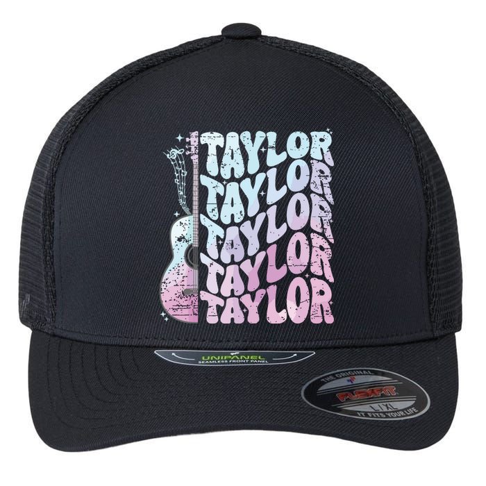 Girl Retro Taylor First Name Personalized Groovy 80s Pink Flexfit Unipanel Trucker Cap