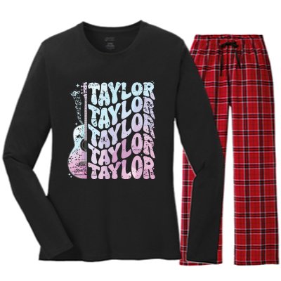 Girl Retro Taylor First Name Personalized Groovy 80s Pink Women's Long Sleeve Flannel Pajama Set 