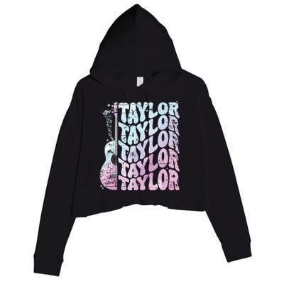 Girl Retro Taylor First Name Personalized Groovy 80s Pink Crop Fleece Hoodie