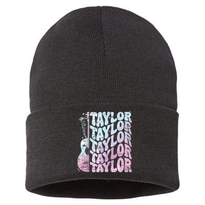 Girl Retro Taylor First Name Personalized Groovy 80s Pink Sustainable Knit Beanie