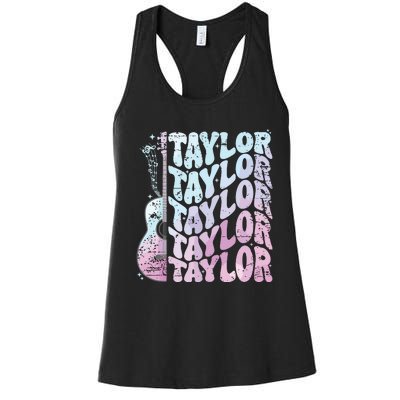 Girl Retro Taylor First Name Personalized Groovy 80s Pink Women's Racerback Tank