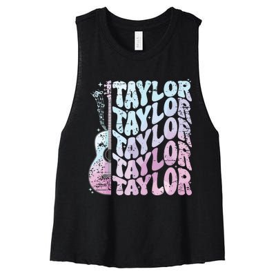 Girl Retro Taylor First Name Personalized Groovy 80s Pink Women's Racerback Cropped Tank