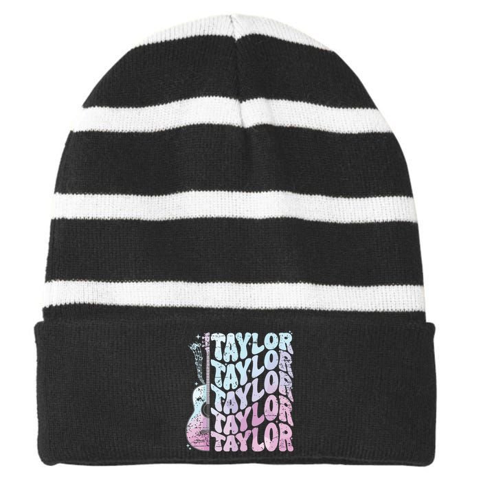 Girl Retro Taylor First Name Personalized Groovy 80s Pink Striped Beanie with Solid Band