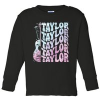 Girl Retro Taylor First Name Personalized Groovy 80s Pink Toddler Long Sleeve Shirt