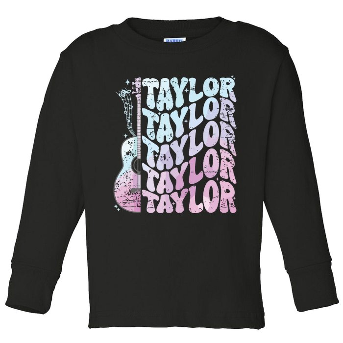 Girl Retro Taylor First Name Personalized Groovy 80s Pink Toddler Long Sleeve Shirt