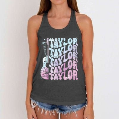 Girl Retro Taylor First Name Personalized Groovy 80s Pink Women's Knotted Racerback Tank